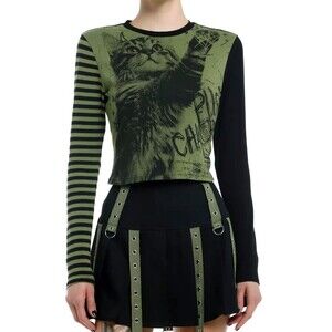 Social Collision Hot Topic Crop Top Women XS Grunge Cat Striped Long Sleeve Goth